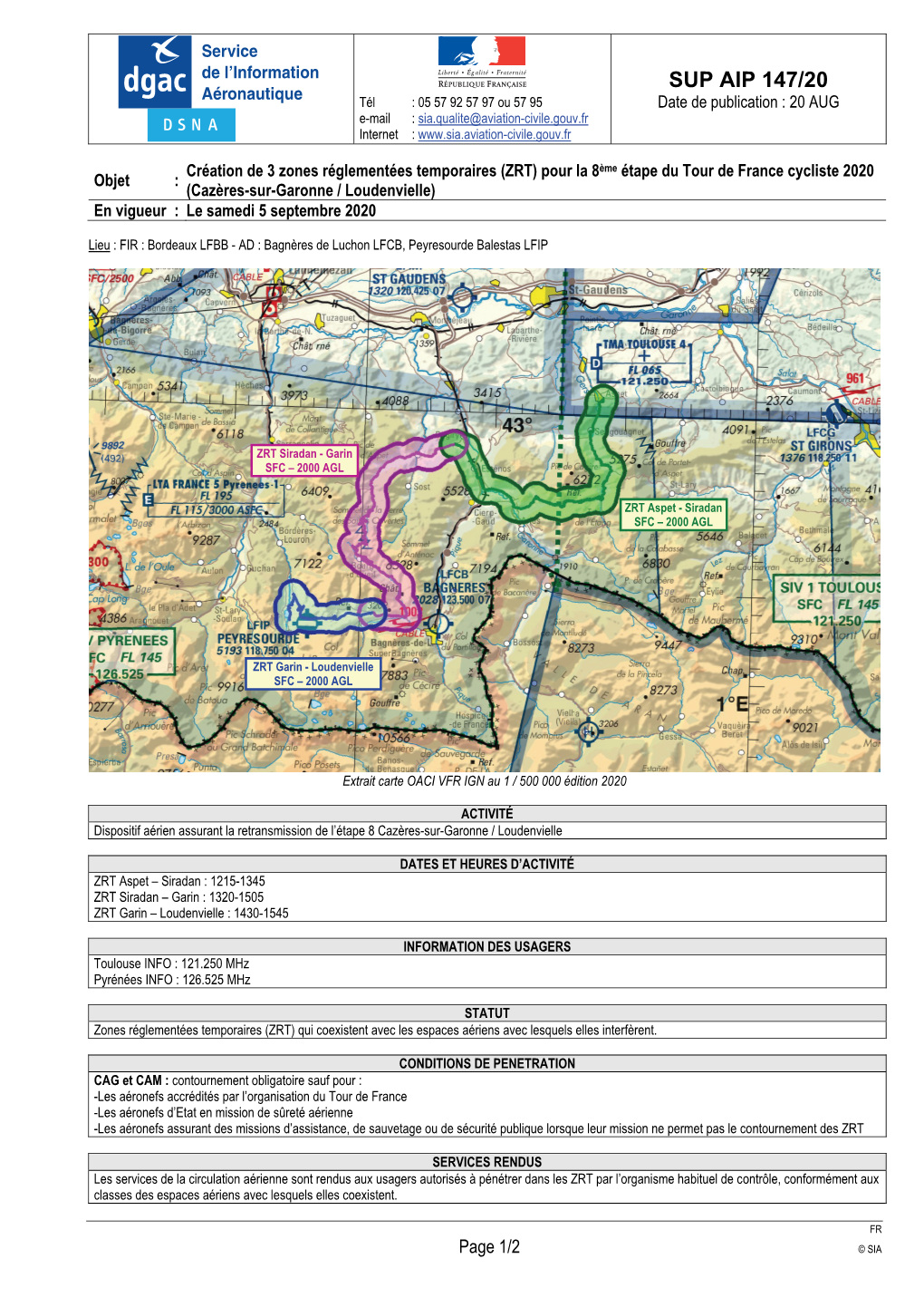 SUP AIP 147/20 Aéronautique Tél : 05 57 92 57 97 Ou 57 95 Date De Publication : 20 AUG E-Mail : Sia.Qualite@Aviation-Civile.Gouv.Fr