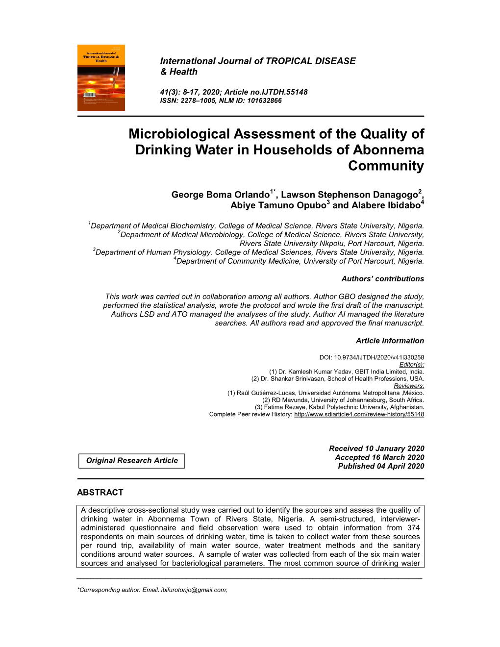Microbiological Assessment of the Quality of Drinking Water in Households of Abonnema Community