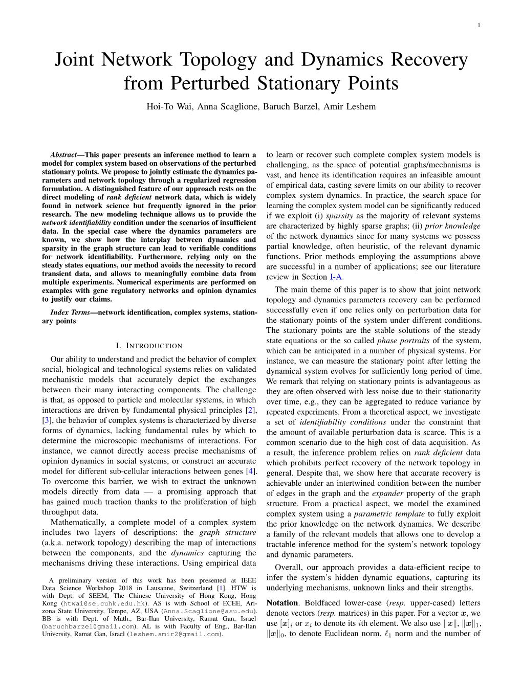 Joint Network Topology and Dynamics Recovery from Perturbed Stationary Points Hoi-To Wai, Anna Scaglione, Baruch Barzel, Amir Leshem