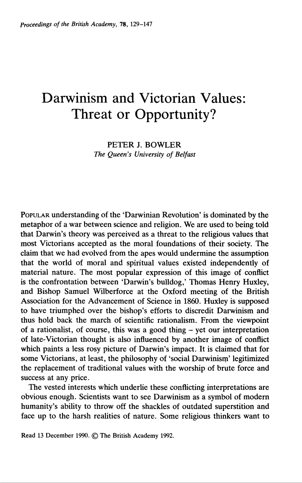 Darwinism and Victorian Values: Threat Or Opportunity?