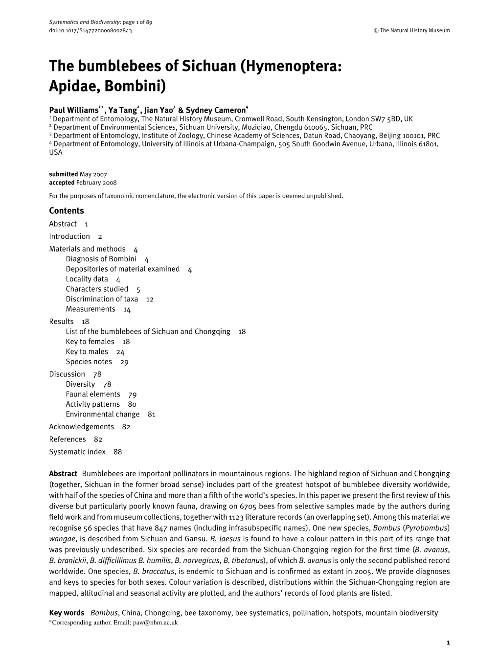 The Bumblebees of Sichuan (Hymenoptera: Apidae, Bombini)