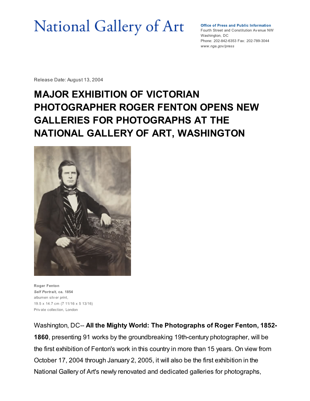 Major Exhibition of Victorian Photographer Roger Fenton Opens New Galleries for Photographs at the National Gallery of Art, Washington