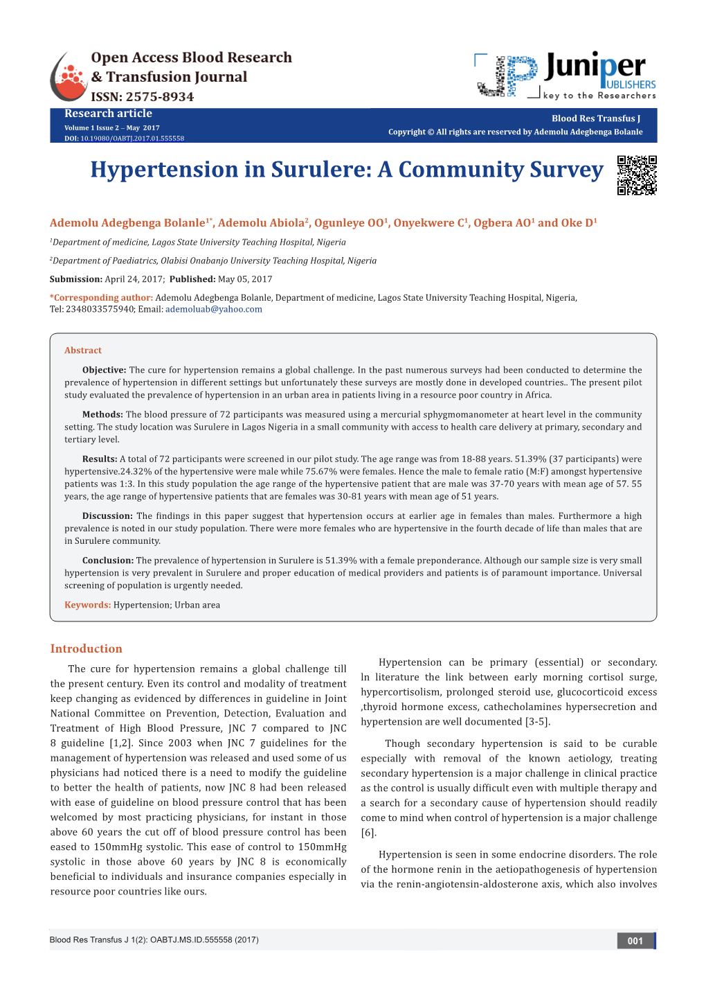 Hypertension in Surulere: a Community Survey