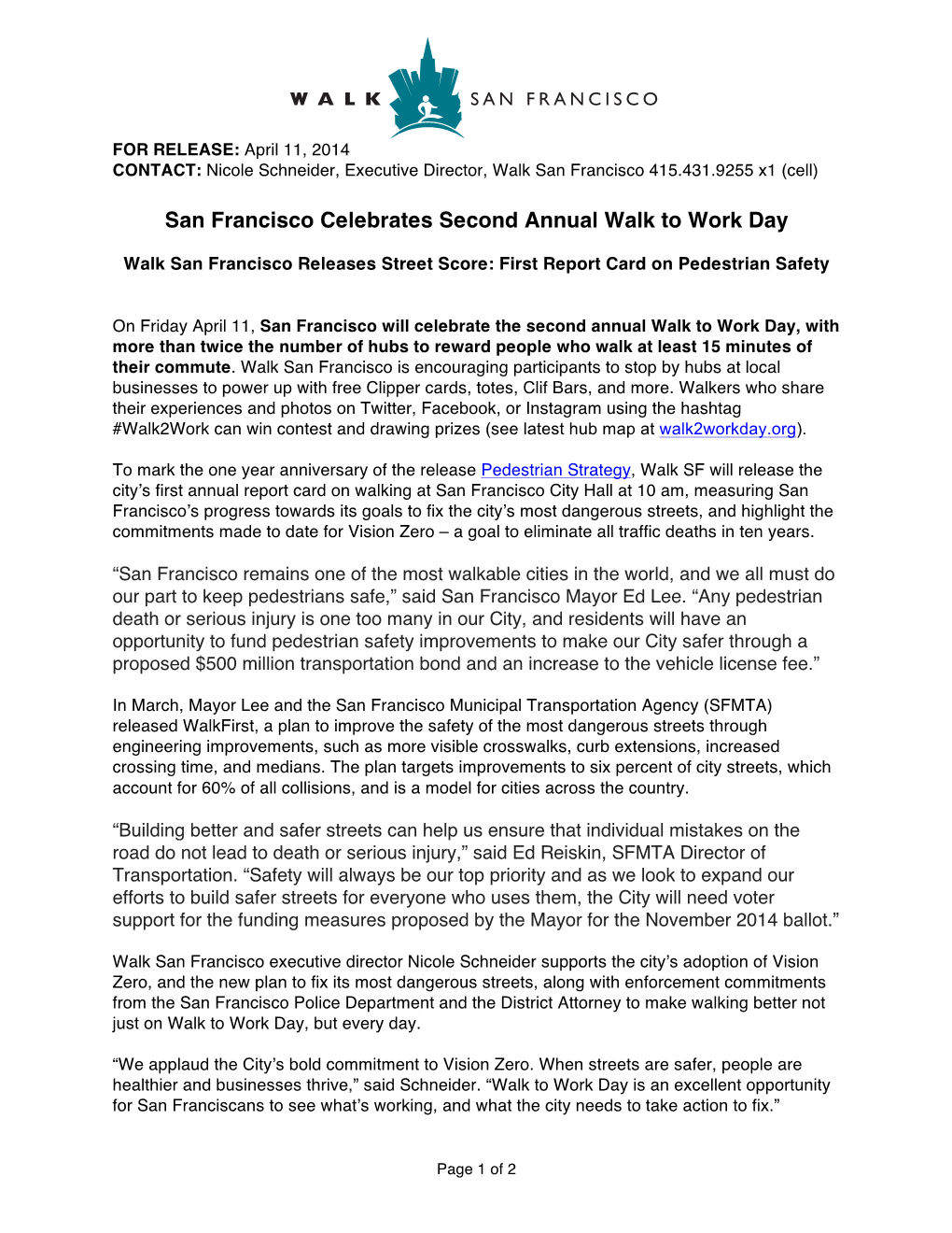 San Francisco Celebrates Second Annual Walk to Work Day