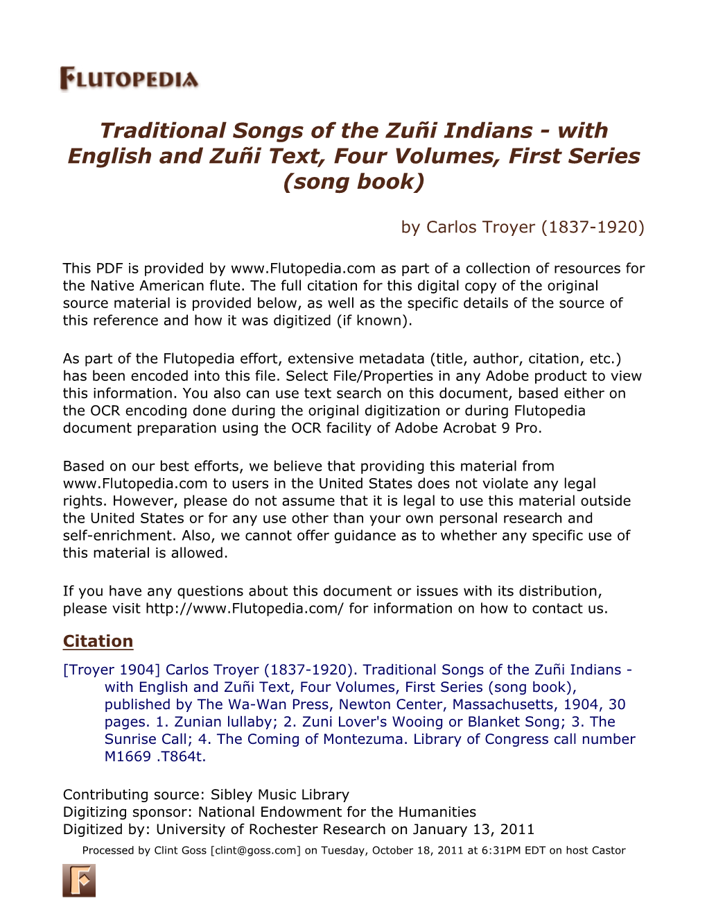 Traditional Songs of the Zuñi Indians - with English and Zuñi Text, Four Volumes, First Series (Song Book)