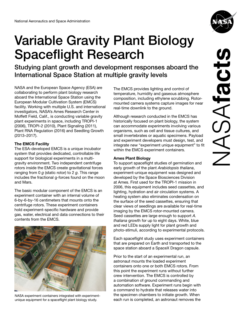 NASA Facts: Variable Gravity Plant Biology Spaceflight Research