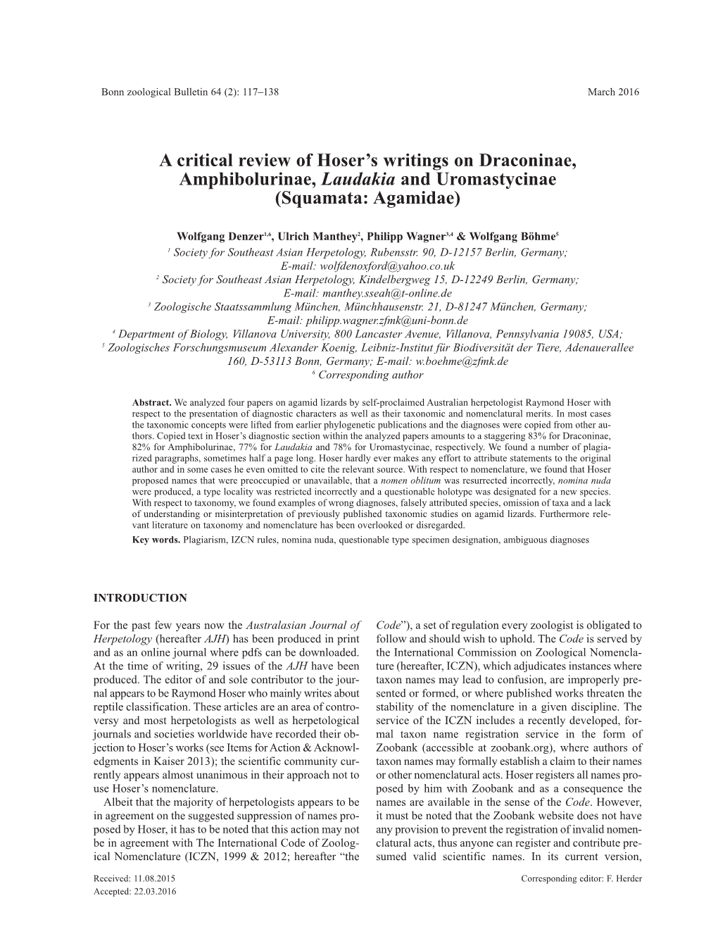 A Critical Review of Hoser's Writings on Draconinae, Amphibolurinae