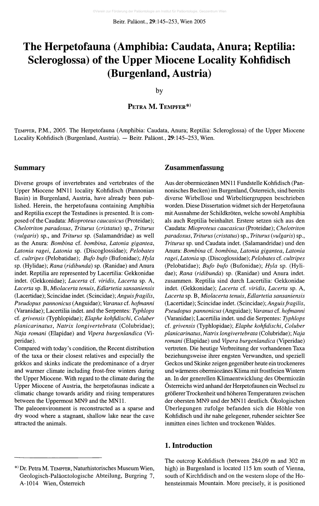 Of the Upper Miocene Locality Kohfidisch (Burgenland, Austria)