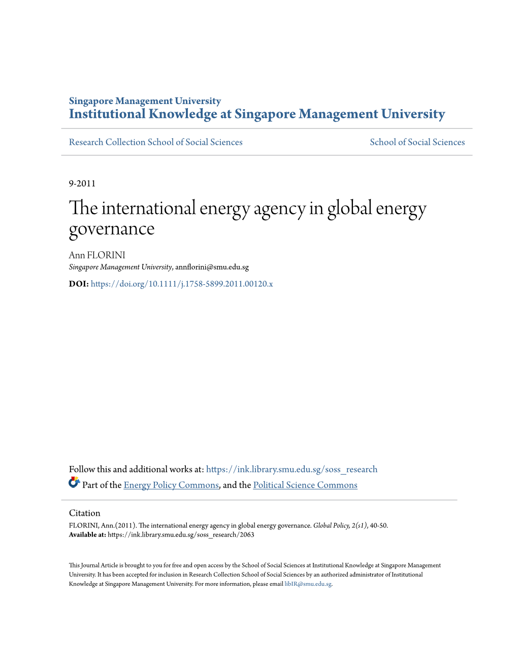 The International Energy Agency in Global Energy Governance