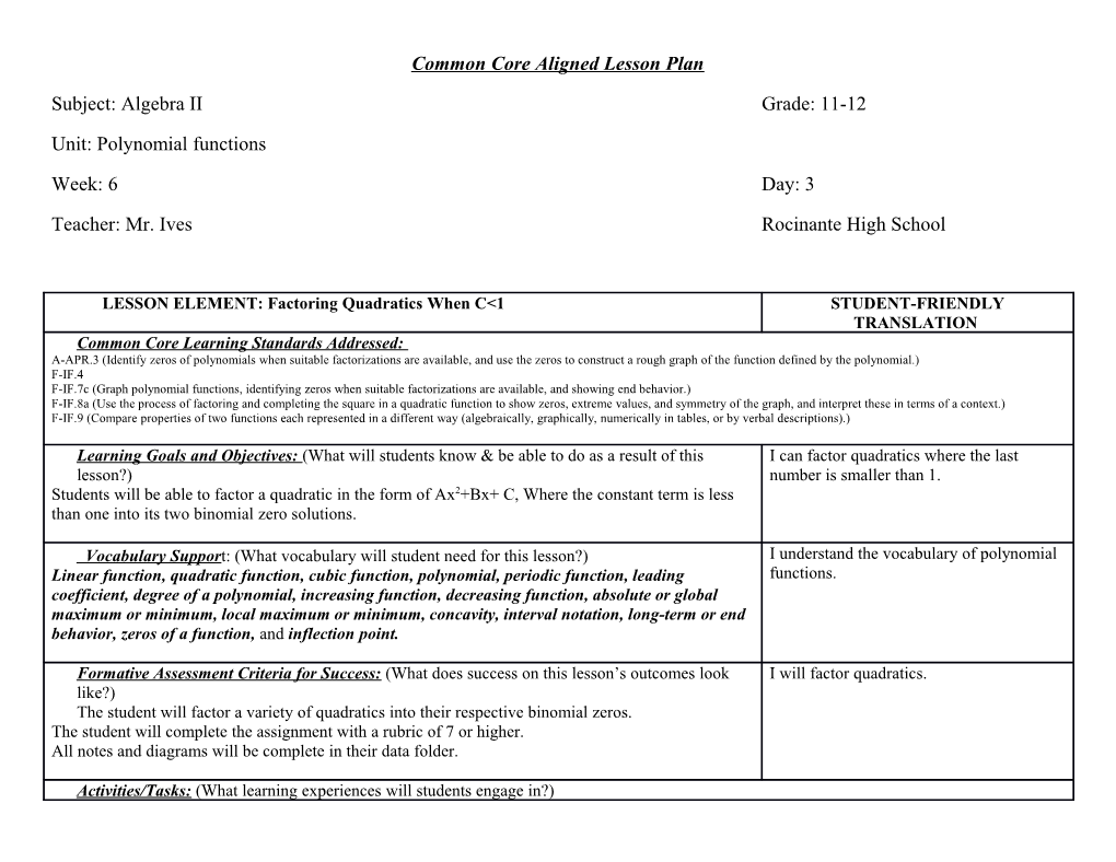 Common Core Aligned Lesson Plan