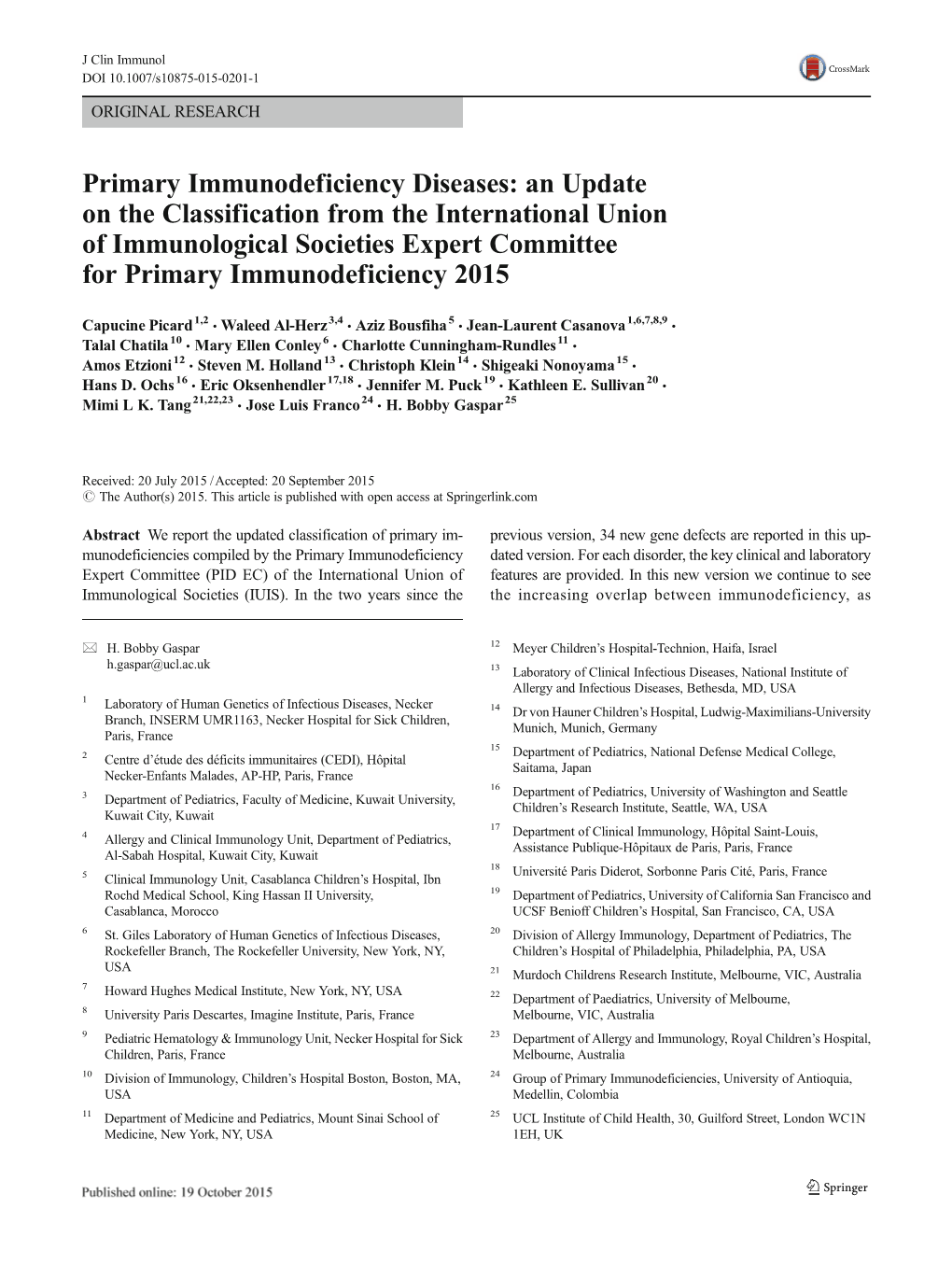 Primary Immunodeficiency Diseases: an Update on the Classification