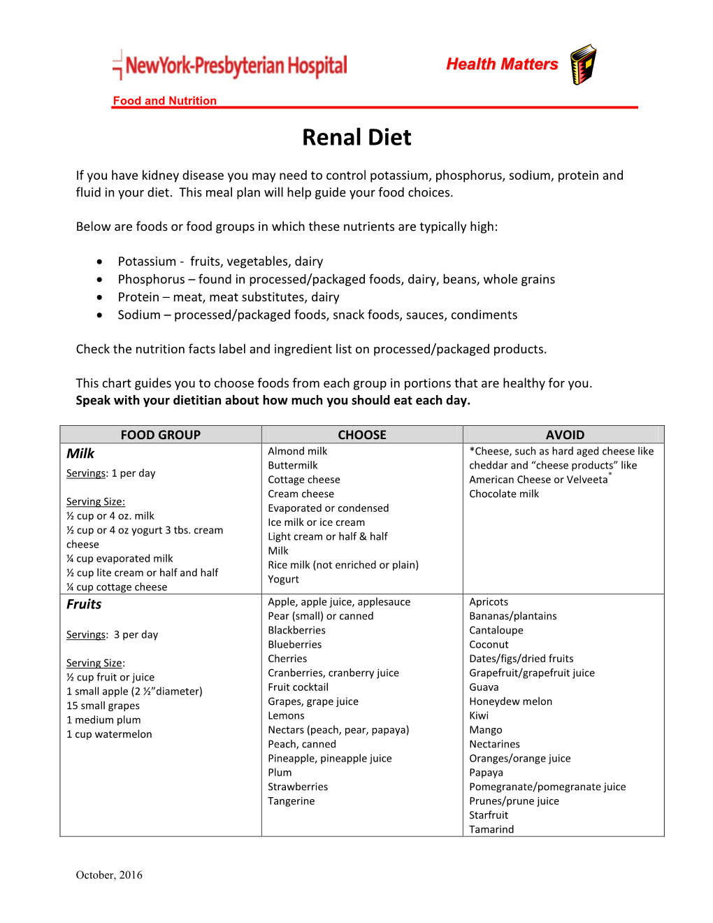 Food and Nutrition Renal Diet