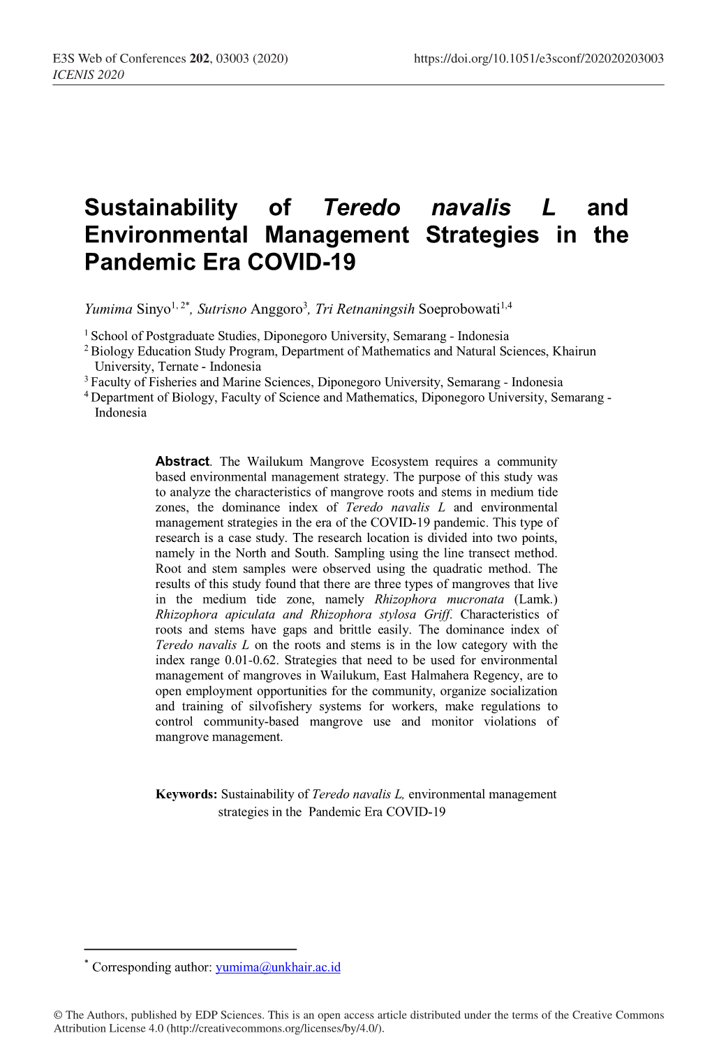 Sustainability of Teredo Navalis L and Environmental Management Strategies in the Pandemic Era COVID-19