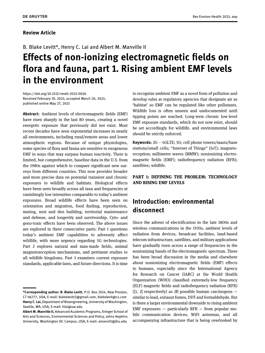 Effects of Non-Ionizing Electromagnetic Fields on Flora and Fauna, Part 1. Rising Ambient EMF Levels in the Environment