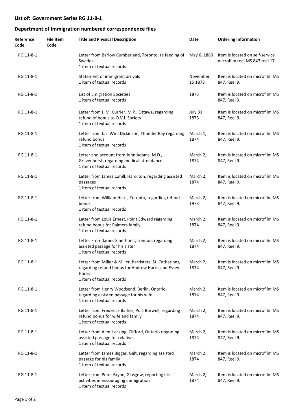 Government Series RG 11-8-1 Department of Immigration Numbered Correspondence Files
