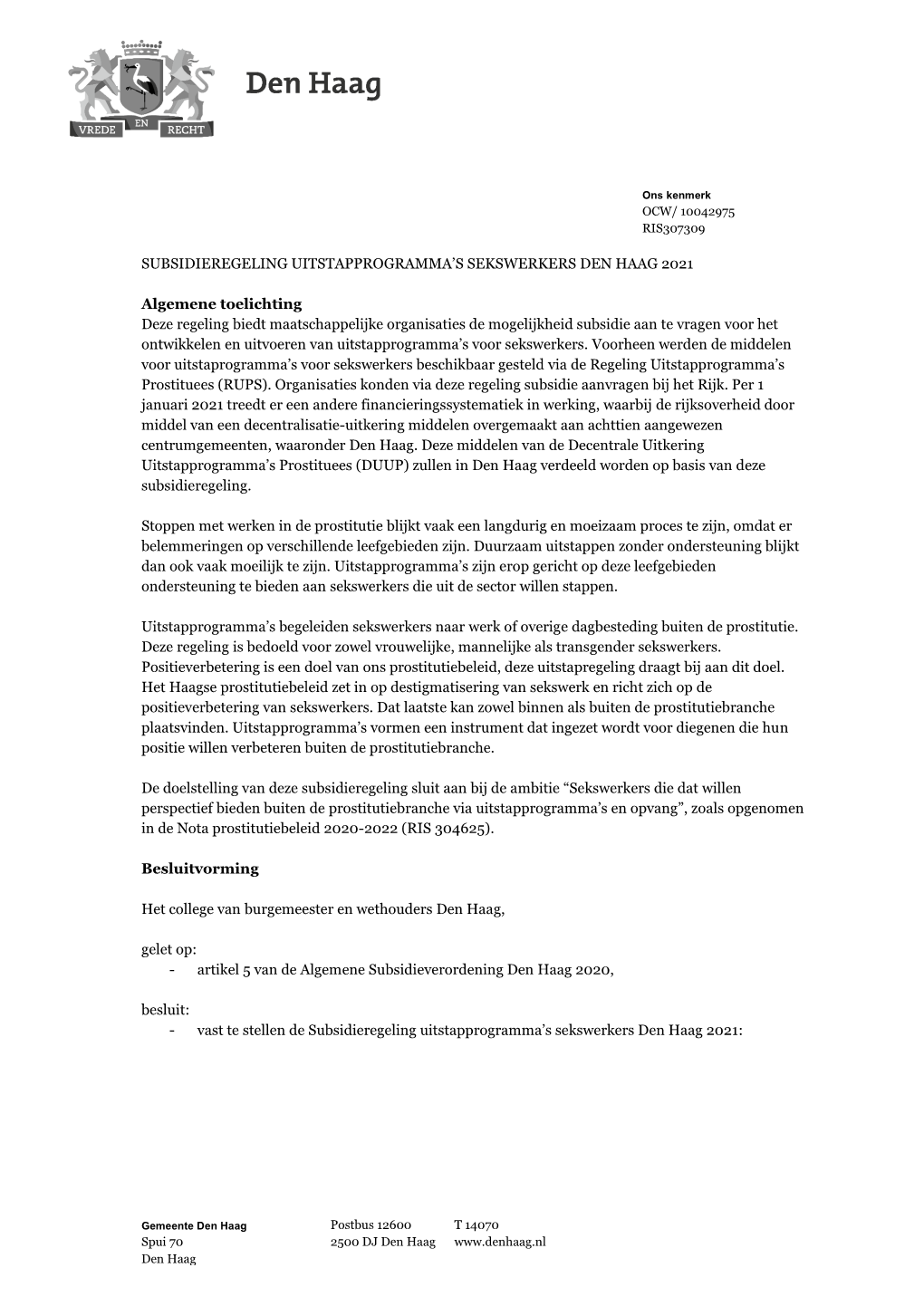 RIS307309 Subsidieregeling Uitstapprogramma's Sekswerkers