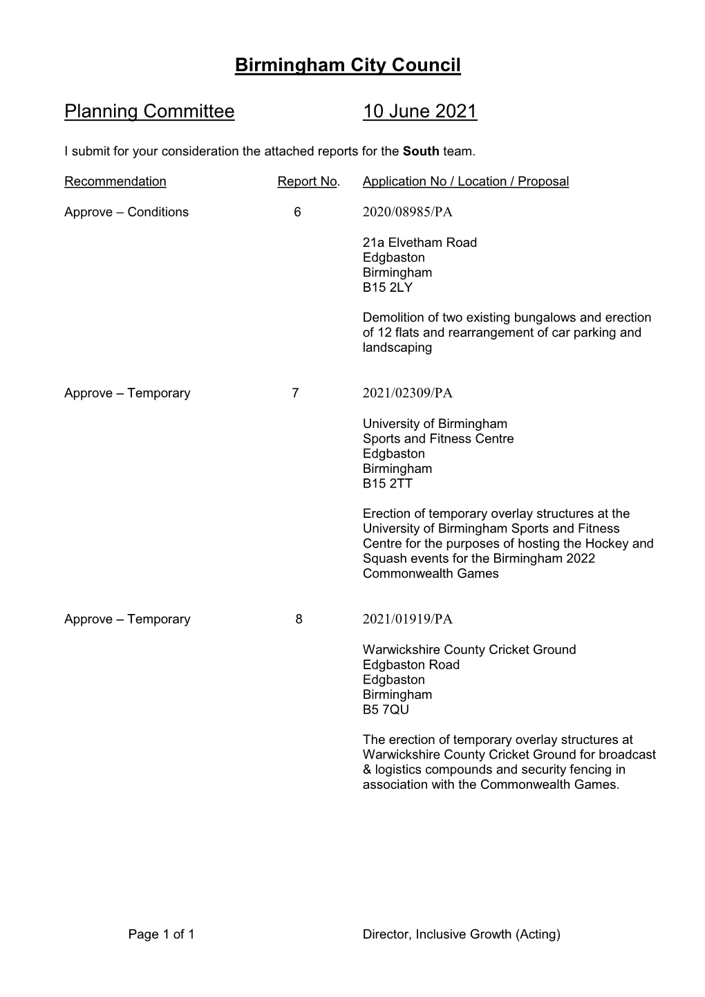 Birmingham City Council Planning Committee 10 June 2021