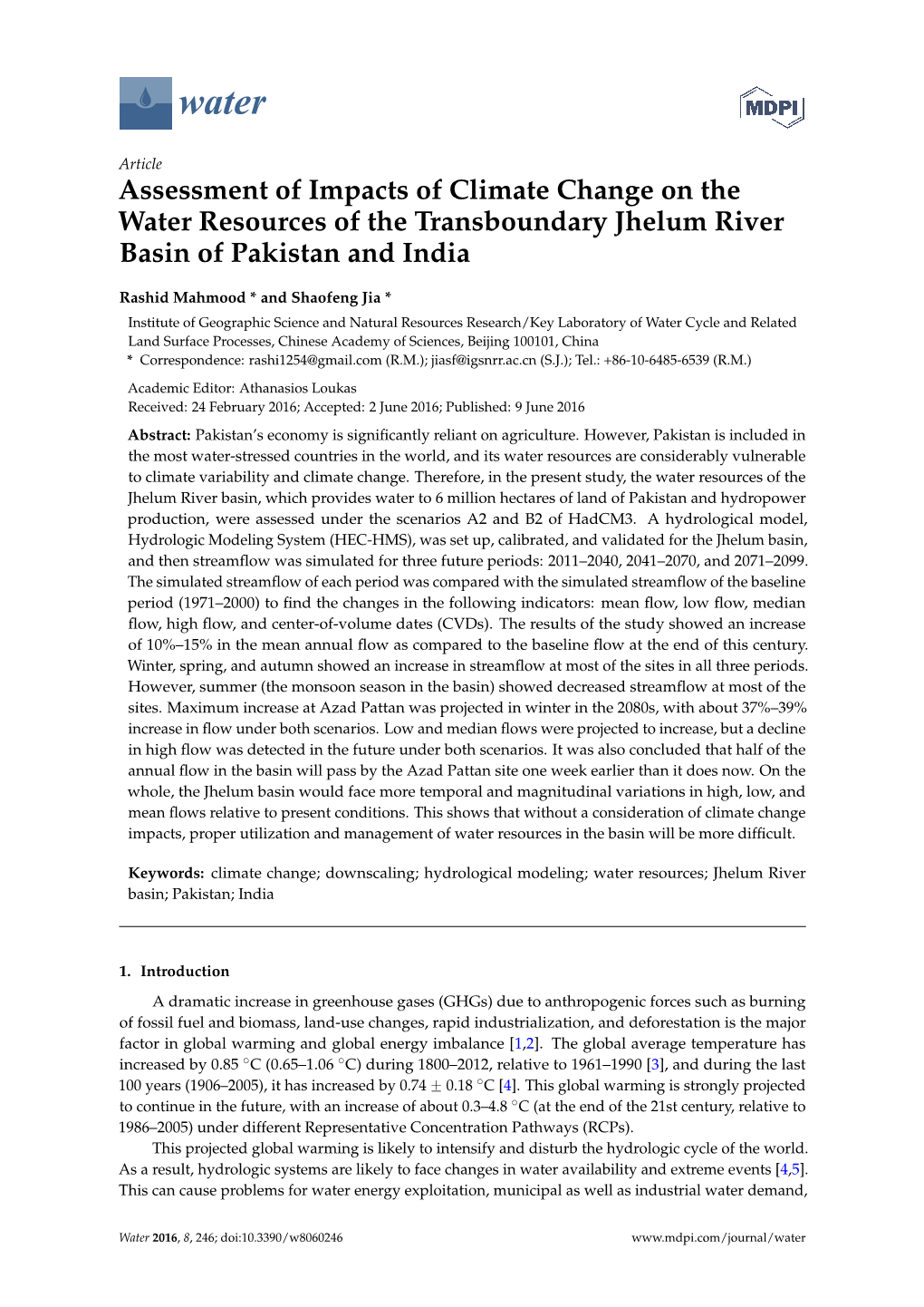 Assessment of Impacts of Climate Change on the Water Resources of the Transboundary Jhelum River Basin of Pakistan and India