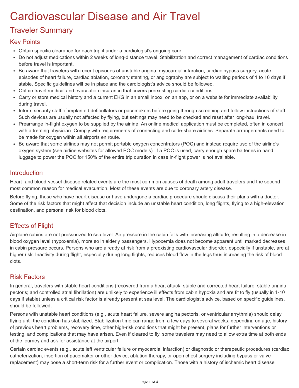 Cardiovascular Disease and Air Travel Traveler Summary Key Points Obtain Specific Clearance for Each Trip If Under a Cardiologist's Ongoing Care