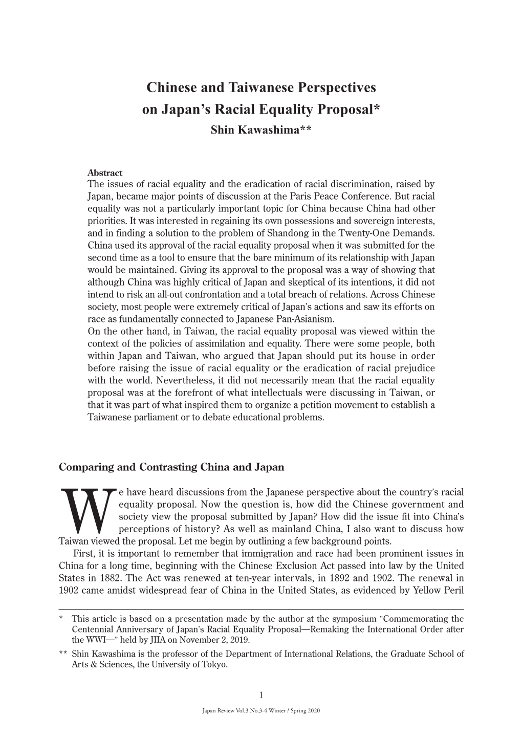 Chinese and Taiwanese Perspectives on Japan's Racial Equality Proposal*