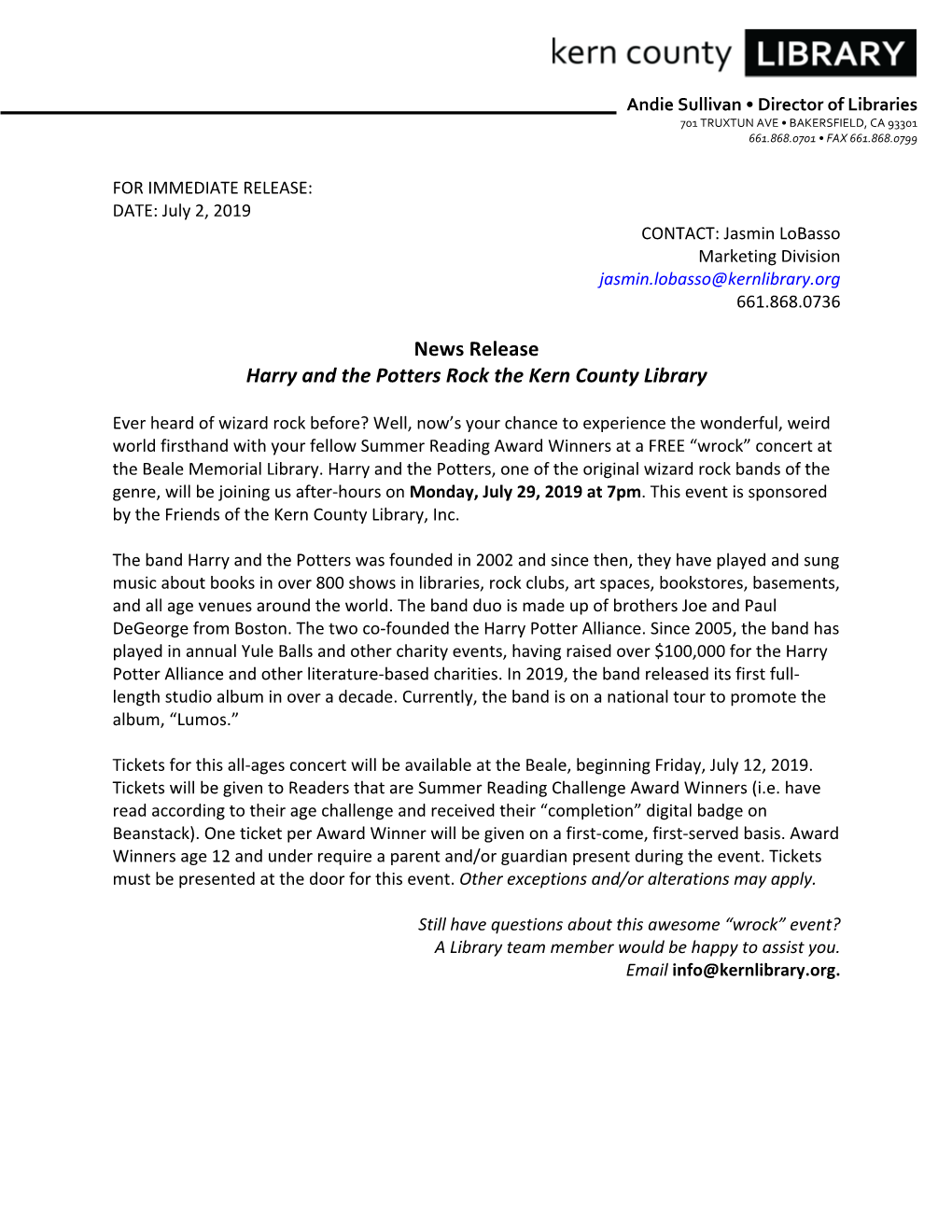 News Release Harry and the Potters Rock the Kern County Library