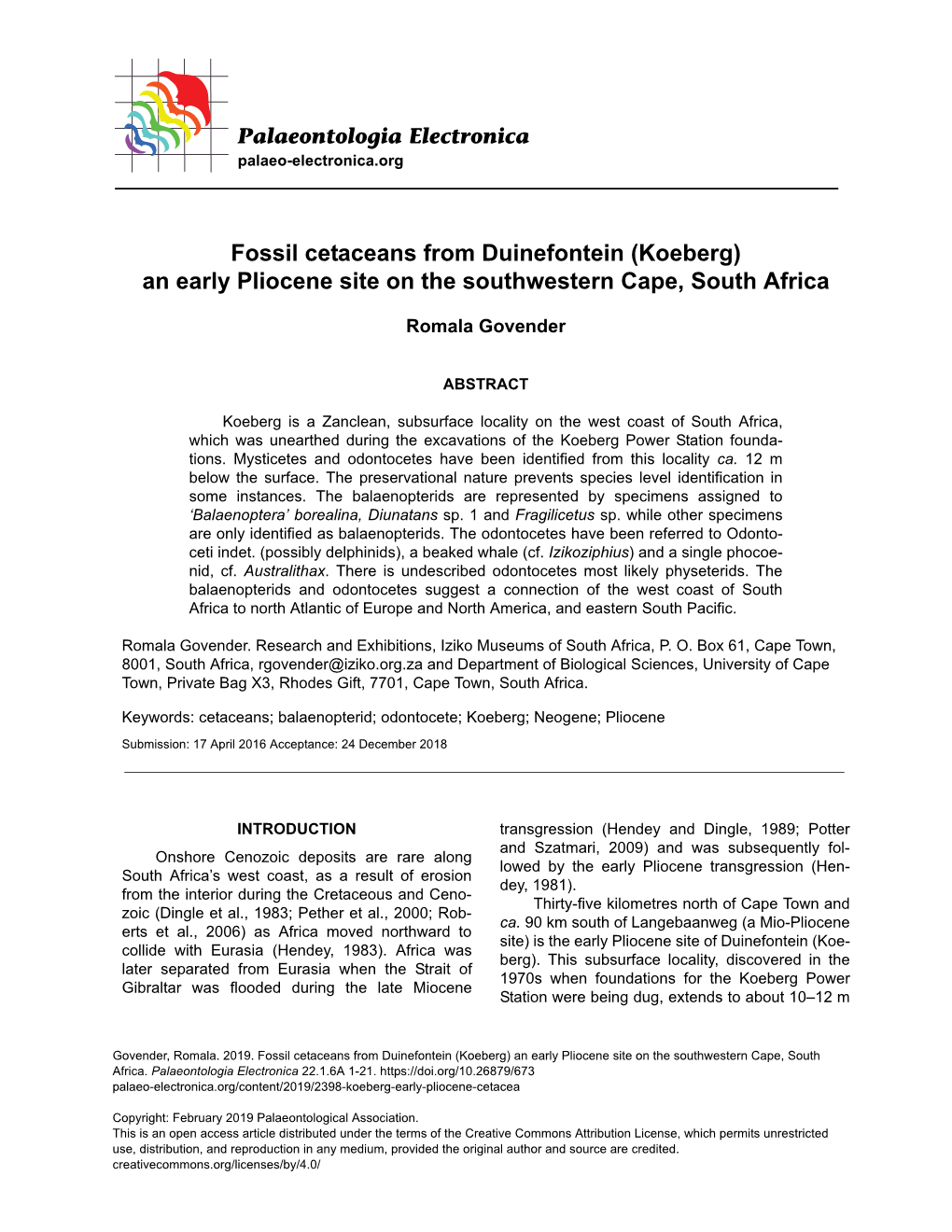 An Early Pliocene Site on the Southwestern Cape, South Africa