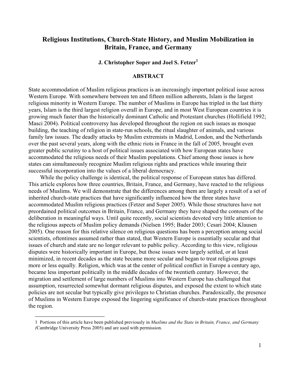 Religious Institutions, Church-State History, and Muslim Mobilization in Britain, France, and Germany