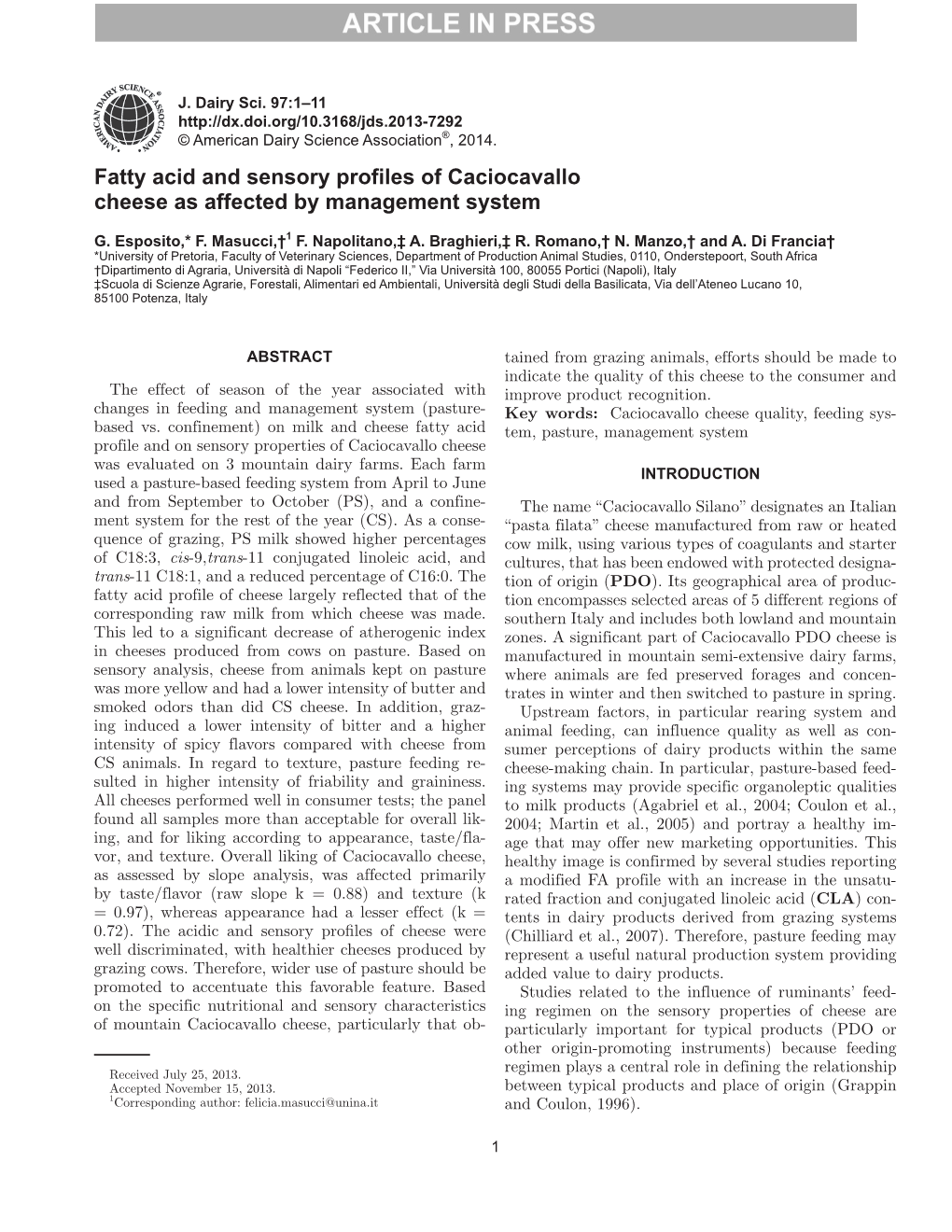 Fatty Acid and Sensory Profiles of Caciocavallo Cheese As Affected by Management System