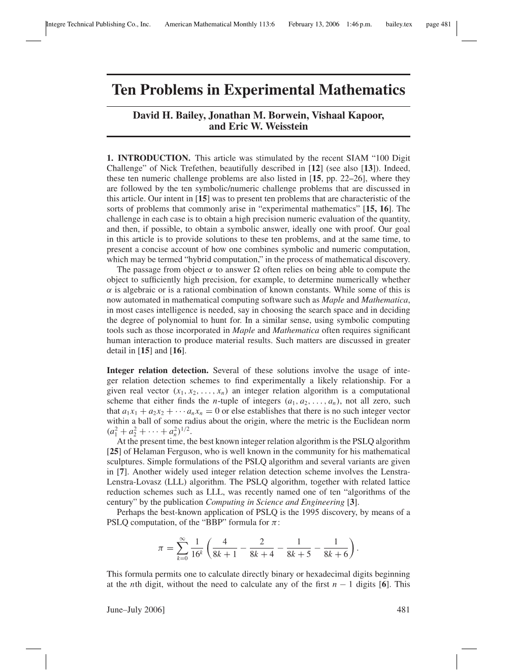 Ten Problems in Experimental Mathematics