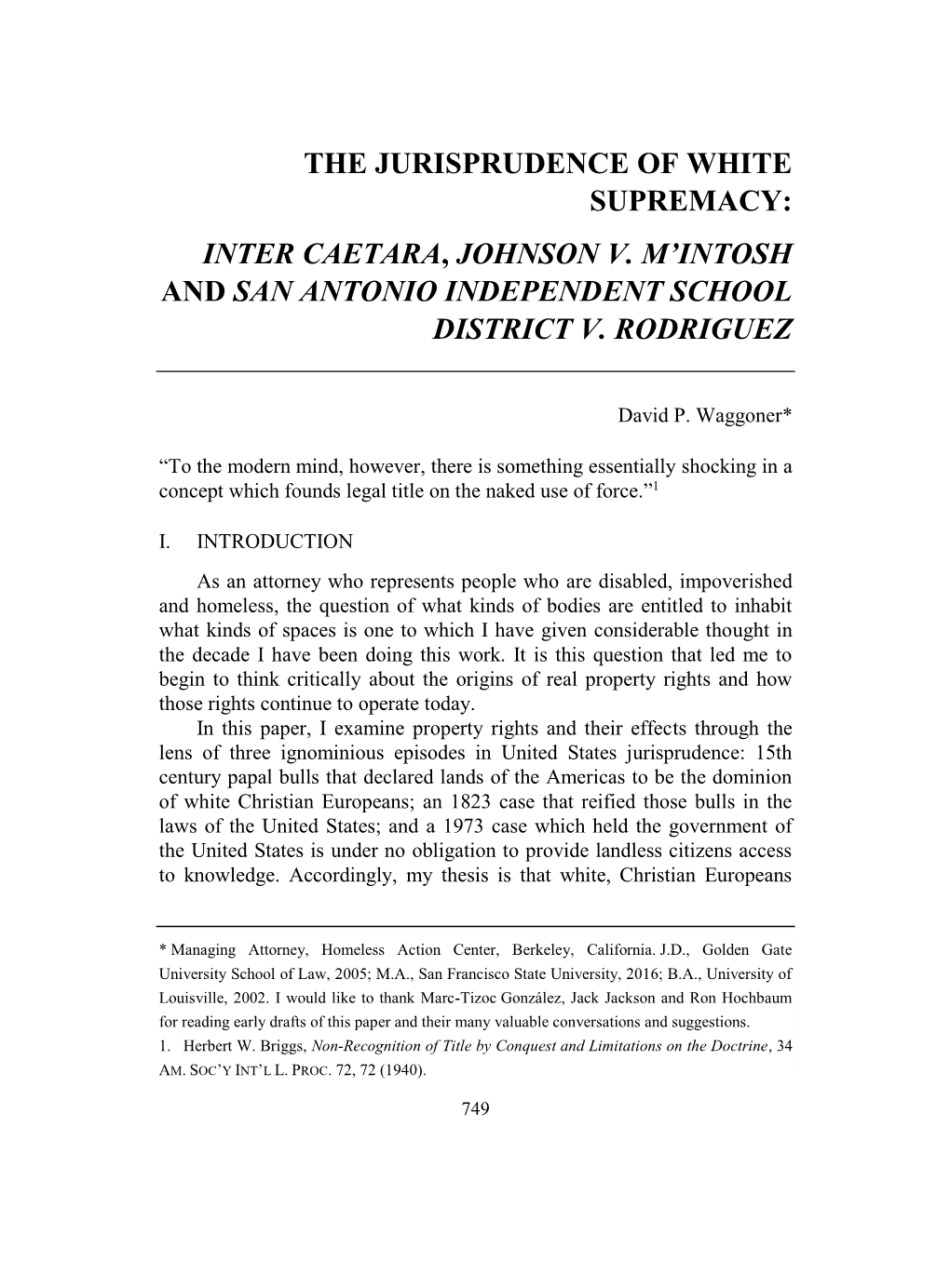 The Jurisprudence of White Supremacy: Inter Caetara, Johnson V. M'intosh