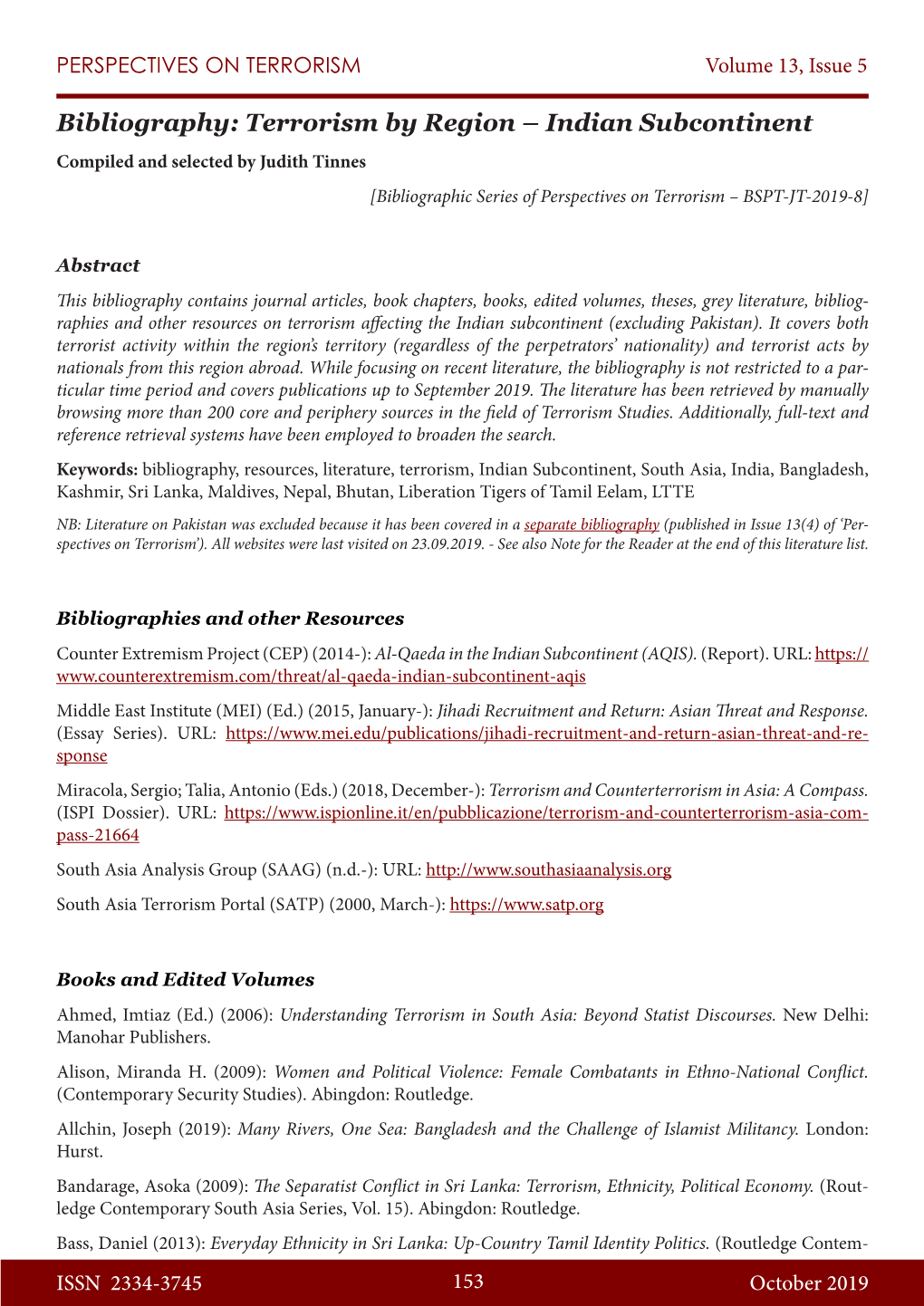 Bibliography: Terrorism by Region – Indian Subcontinent Compiled and Selected by Judith Tinnes [Bibliographic Series of Perspectives on Terrorism – BSPT-JT-2019-8]
