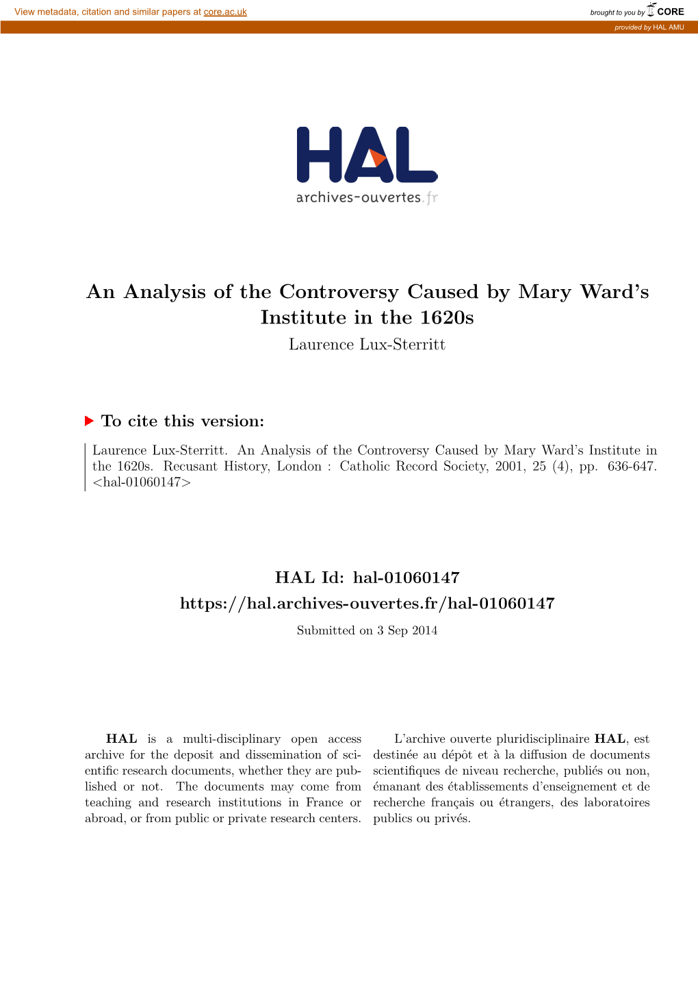 An Analysis of the Controversy Caused by Mary Ward's Institute In