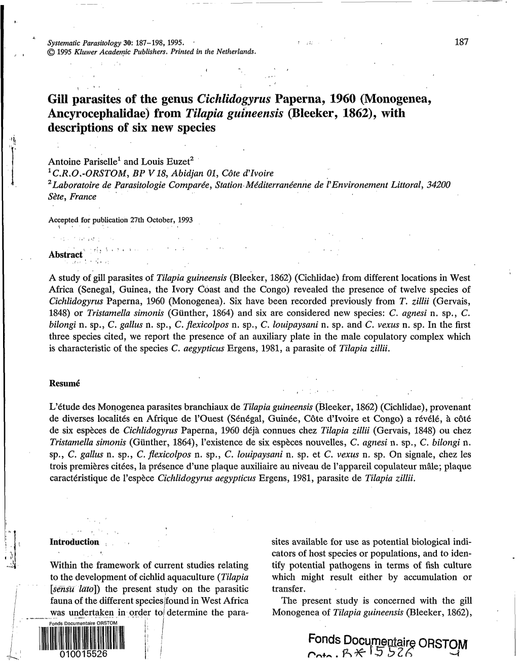 Gill Parasites of Genus Cichlidogyrus Paperna, 1960 (Monogenea