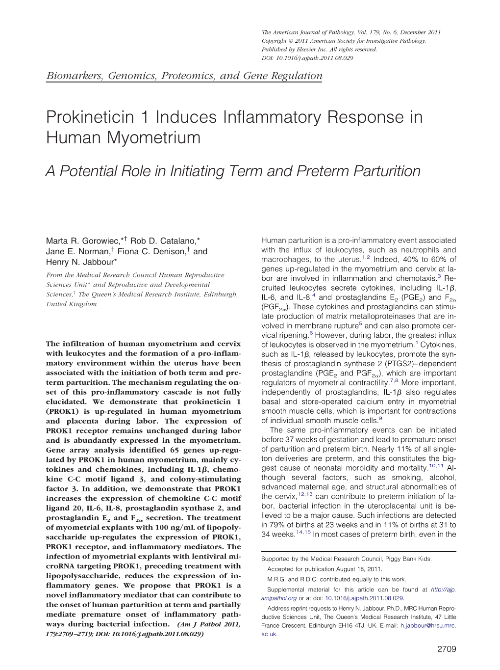 Prokineticin 1 Induces Inflammatory Response in Human Myometrium