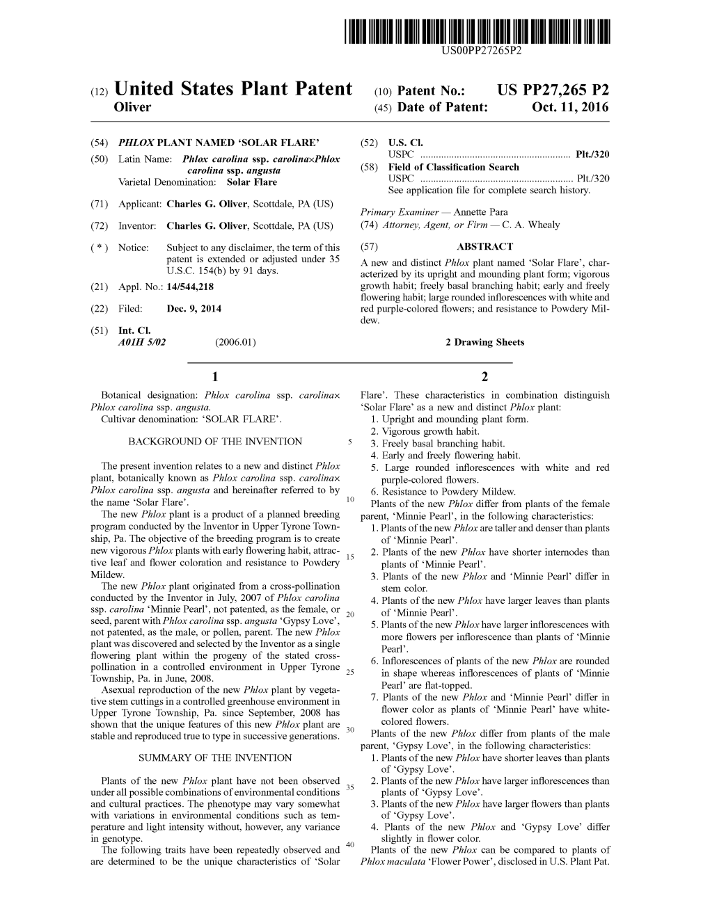 (12) United States Plant Patent (10) Patent No.: US PP27,265 P2 Oliver (45) Date of Patent: Oct