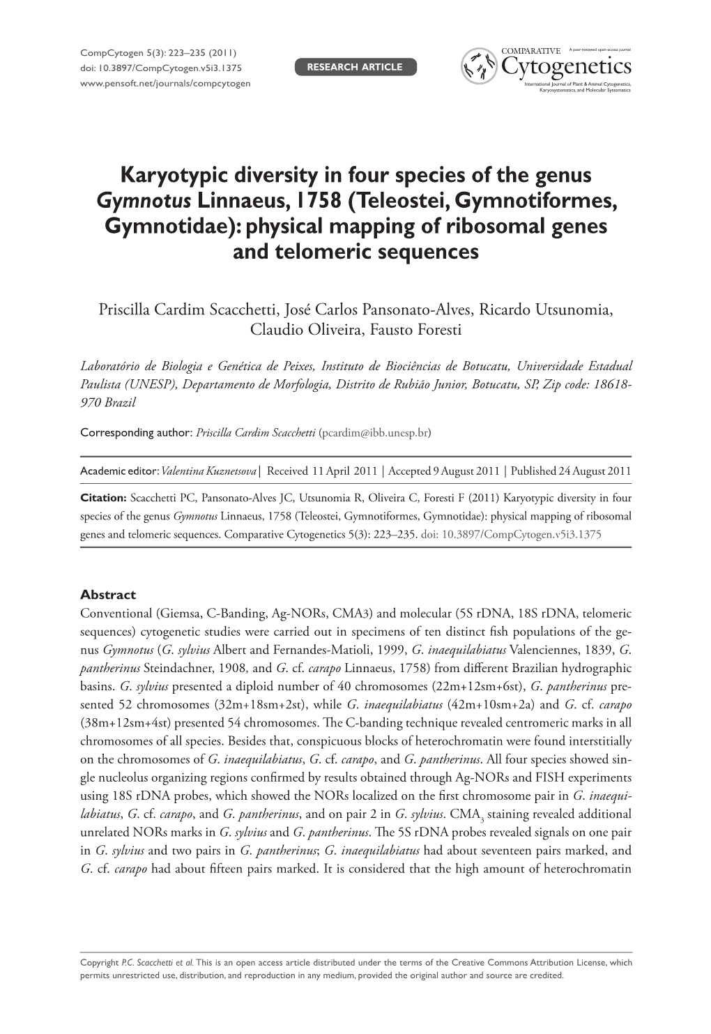 Karyotypic Diversity in Four Species of the Genus Gymnotus Linnaeus