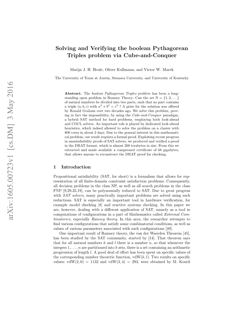 Arxiv:1605.00723V1 [Cs.DM] 3 May 2016 Binatorics, Especially Ramsey Theory