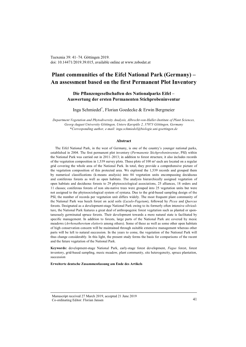 Plant Communities of the Eifel National Park (Germany) – an Assessment Based on the First Permanent Plot Inventory