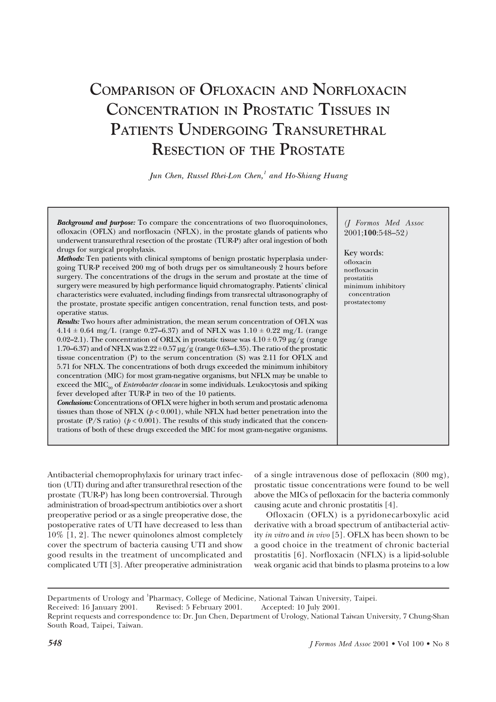 Comparison of Ofloxacin and Norfloxacin Concentration in Prostatic Tissues in Patients Undergoing Transurethral Resection of the Prostate