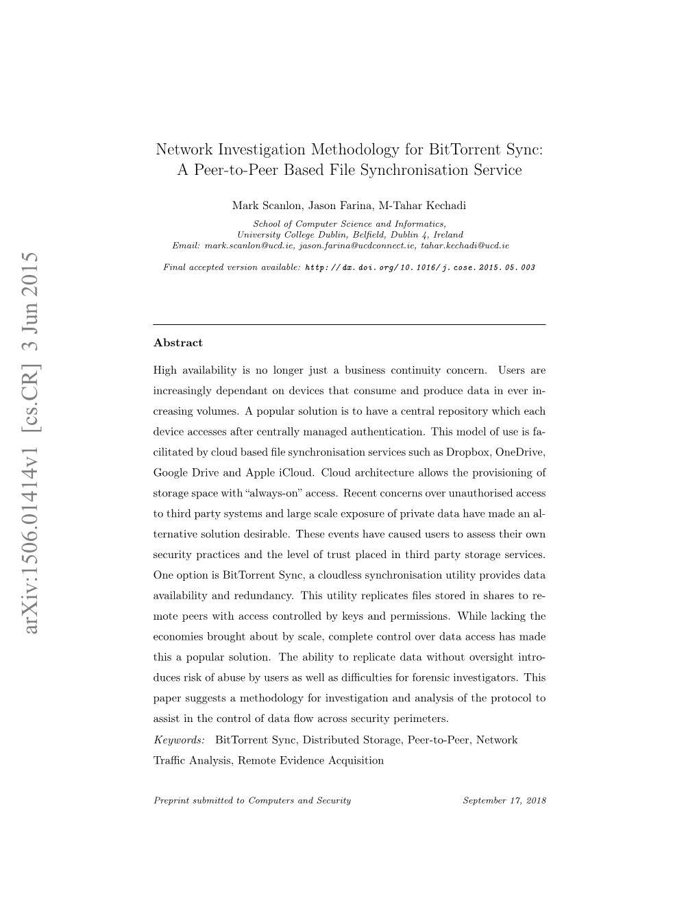 Network Investigation Methodology for Bittorrent Sync: a Peer-To-Peer Based File Synchronisation Service