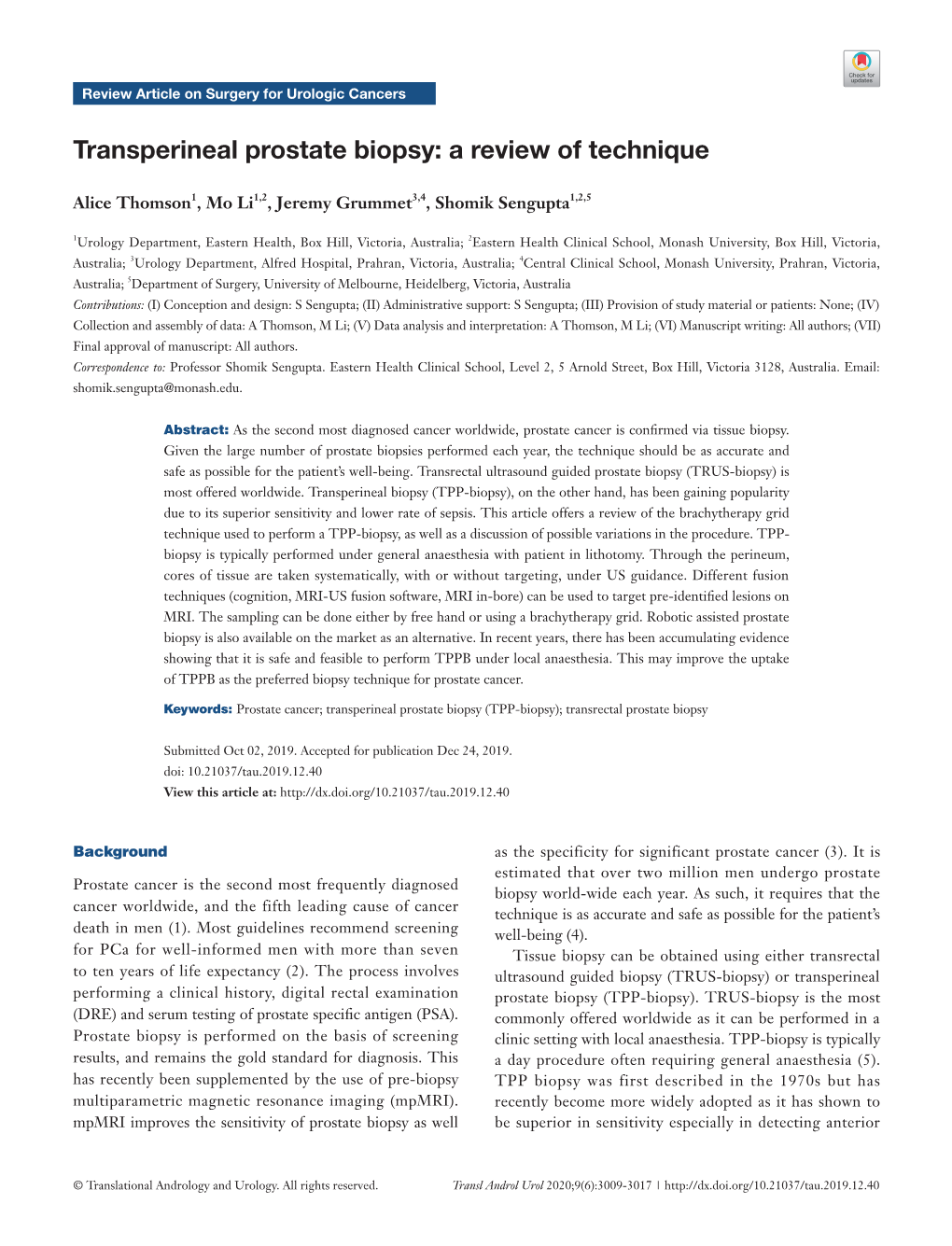 Transperineal Prostate Biopsy: a Review of Technique