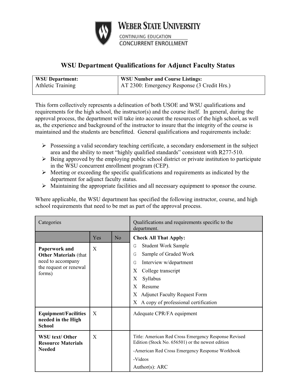 WSU Department Qualifications for Adjunct Faculty Status