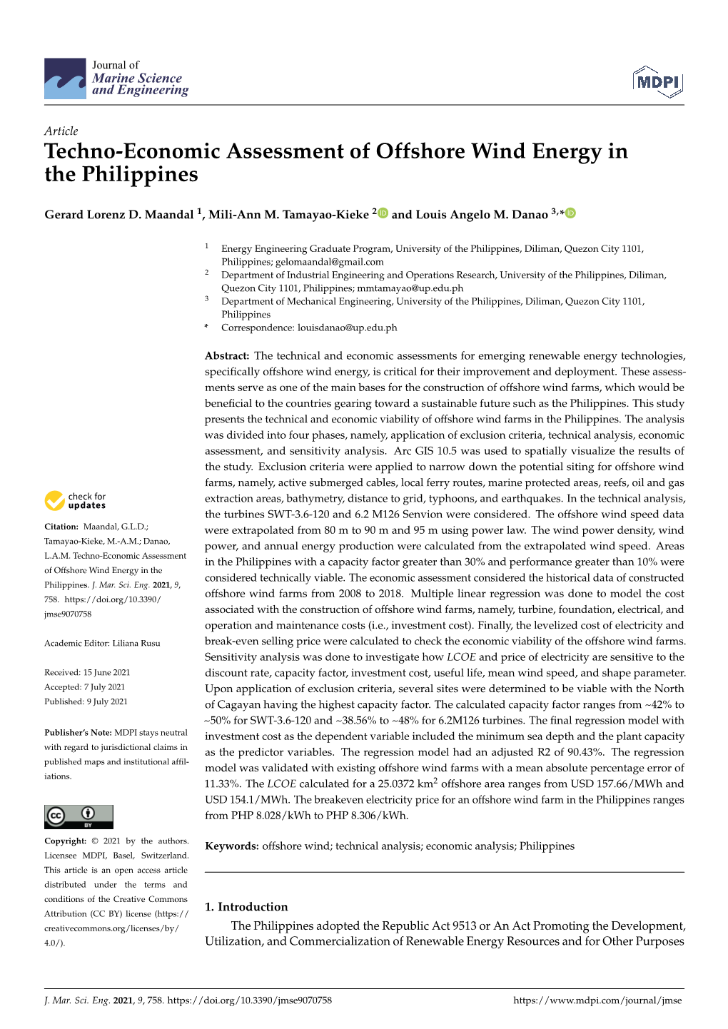 Techno-Economic Assessment of Offshore Wind Energy in the Philippines