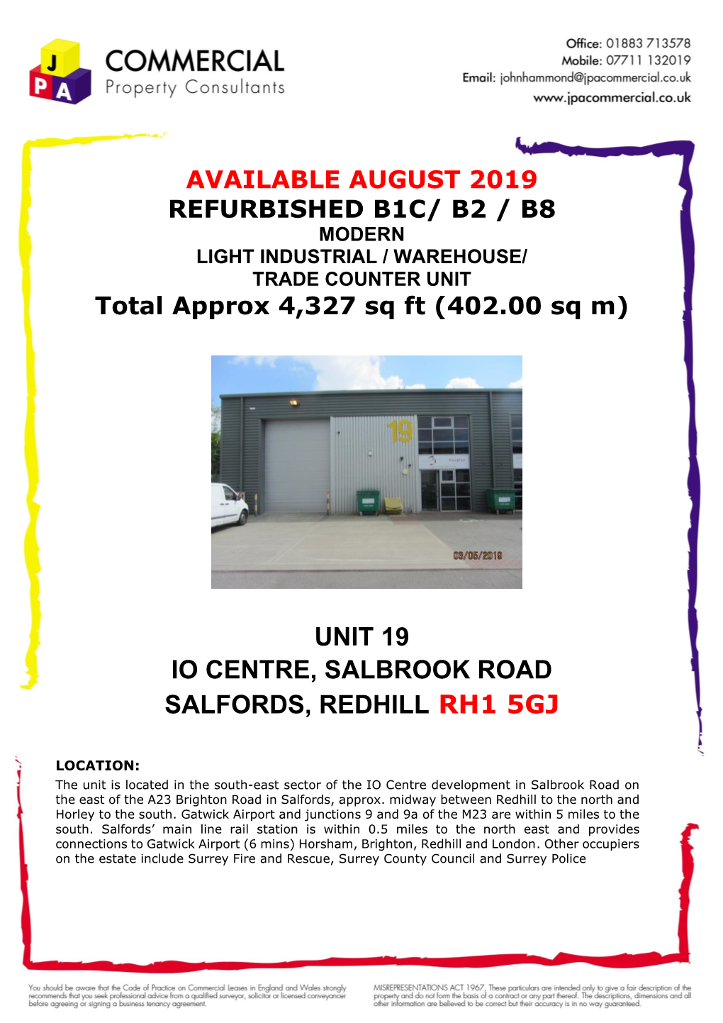 Unit 19 Io Centre, Salbrook Road Salfords, Redhill Rh1 5Gj