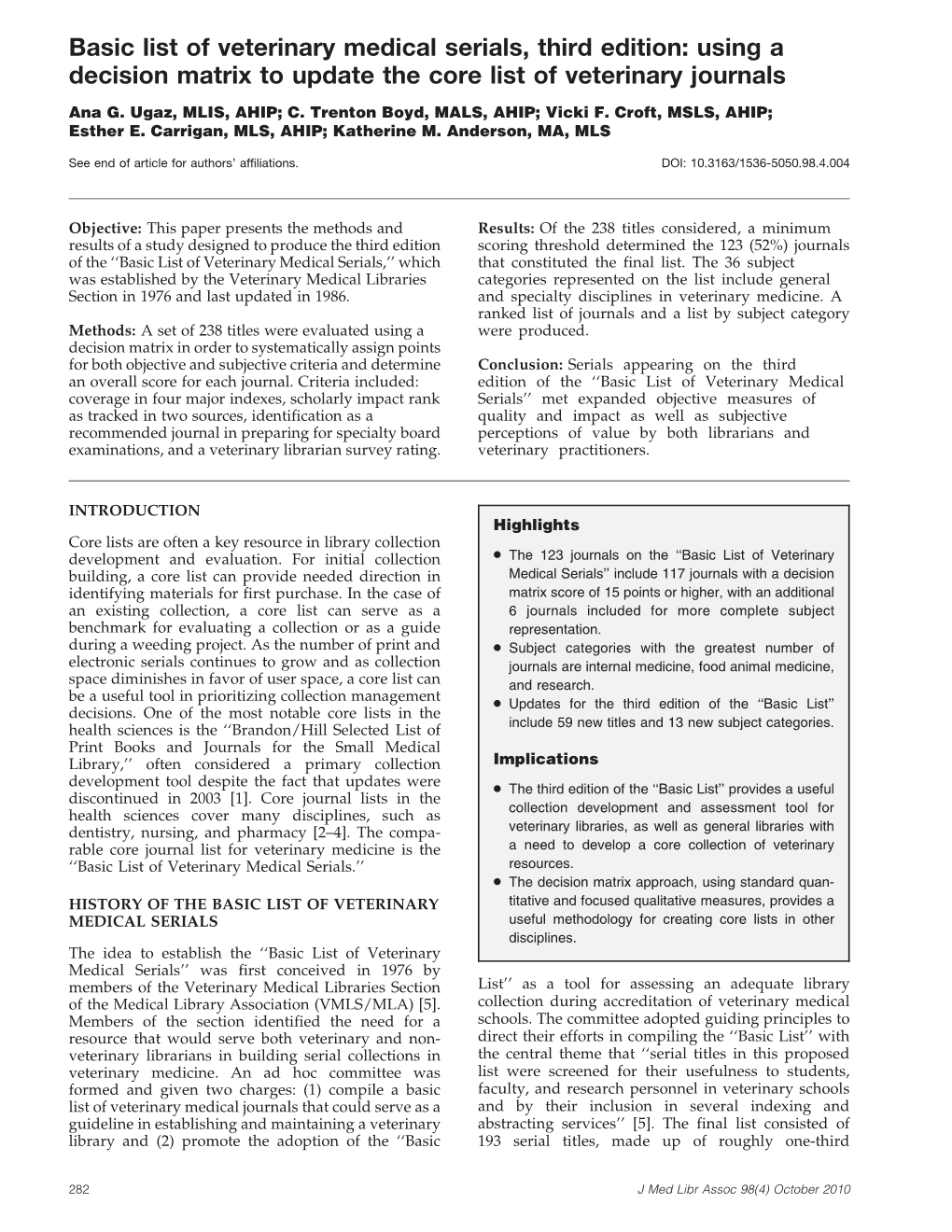 Basic List of Veterinary Medical Serials, Third Edition: Using a Decision Matrix to Update the Core List of Veterinary Journals