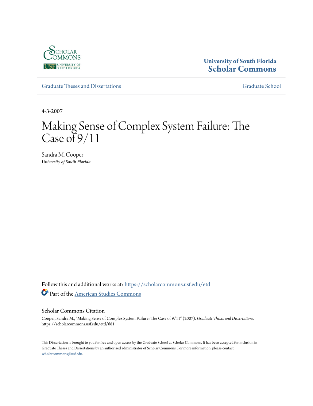 Making Sense of Complex System Failure: the Case of 9/11 Sandra M