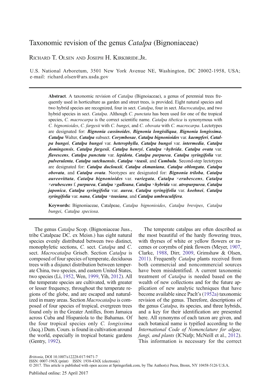 Taxonomic Revision of the Genus Catalpa (Bignoniaceae)