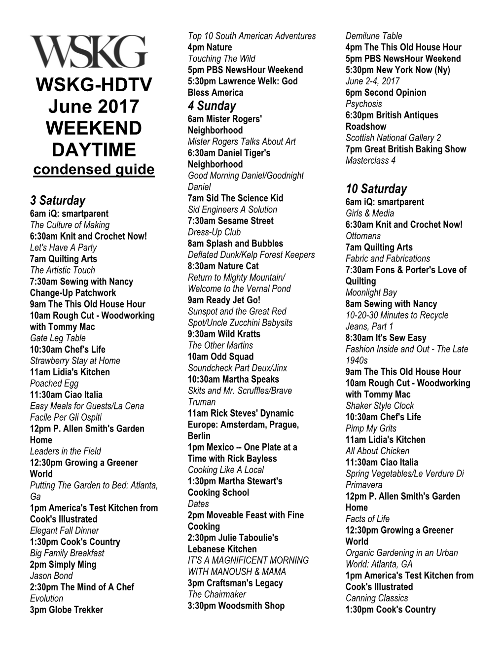 WSKG HDTV WEEKEND DAYTIME Condensed Guide