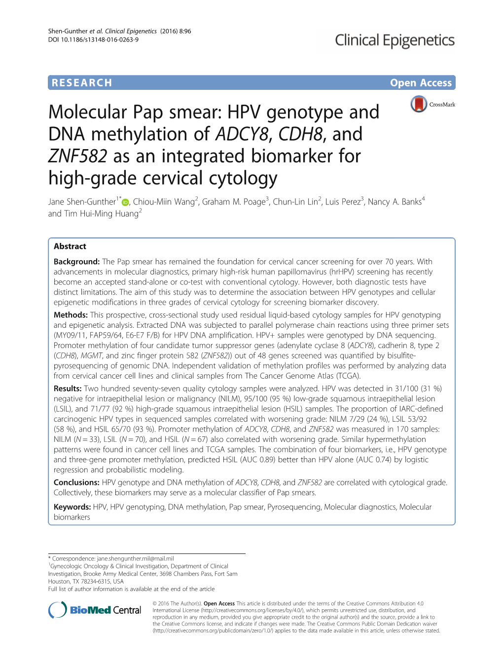 Molecular Pap Smear: HPV Genotype and DNA Methylation of ADCY8