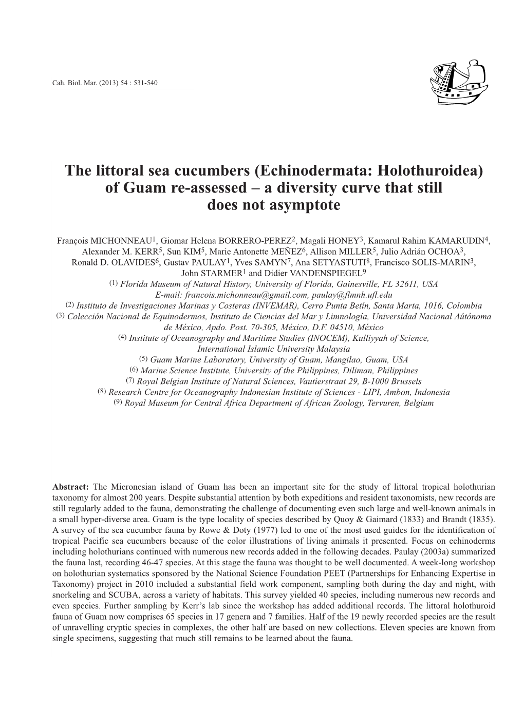 The Littoral Sea Cucumbers (Echinodermata: Holothuroidea) of Guam Re-Assessed – a Diversity Curve That Still Does Not Asymptote